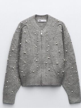 Zara Embellished Pearl Zip Front Cardigan Sweater Size Large
